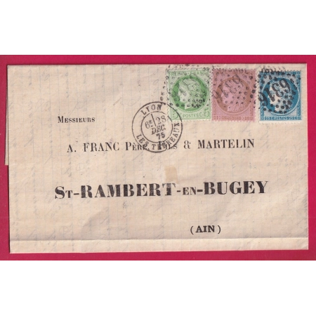 N°53 54 60 TRICOLORE GC 6313 LYON LES TERREAUX POUR ST RAMBERT EN BUGEY AIN LETTRE
