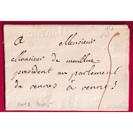 MARQUE A SEC MORTAIN MANCHE 1753 LENAIN N°2 INDICE 15 POUR RENNES ILLE ET VILAINE LETTRE