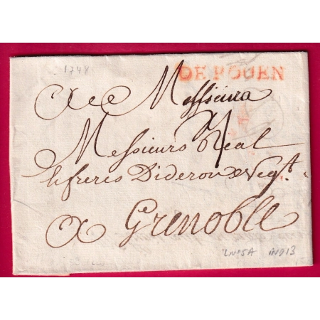 MARQUE DE ROUEN EN ROUGE SEINE INFERIEURE 1748 LENAIN N°5A INDICE 13 POUR GRENOBLE ISERE LETTRE