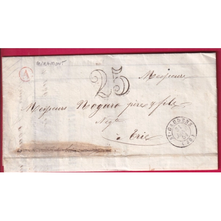 CAD TYPE 15 ST GAUDENS HAUTE GARONNE BOITE RURALE A EN ROUGE MIRAMONT 1851 POUR TRIE LETTRE
