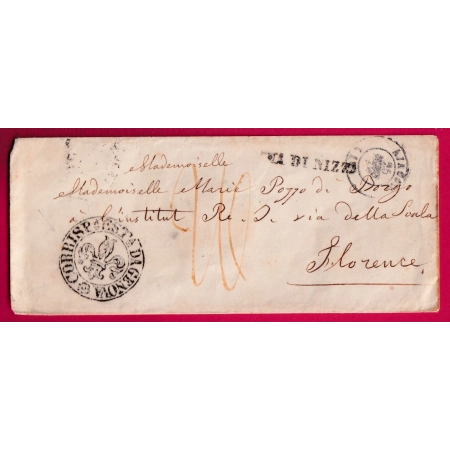 CAD TYPE 15 AJACCIO CORSE 1847 VIA DI NIZZA NICE POUR FLORENCE FIRENZE ITALIE ITALIA TAXE ROUGE 26 LETTRE