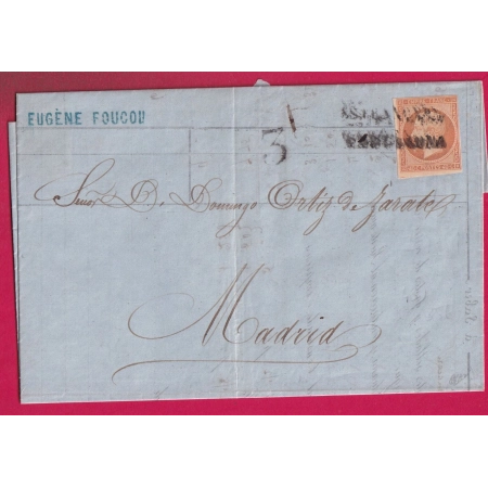 N°16 OBLITERATION ESPAGNOLE ESTRANGERO BARCELONA DEPART MARSEILLE POUR MADRID ESPAGNE 1861 LETTRE