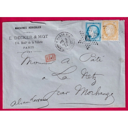 N°55 60 PARIS ETOILE 39 R DES ECLUSES ST MARTIN POUR MORHANGE MOSELLE ALSACE LORRAINE ALLEMAGNE LETTRE