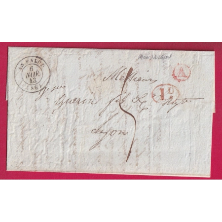 CAD TYPE 15 LA PALUD VAUCLUSE BOITE RURALE ROUGE A MONDRAGON + DECIME RURAL POUR LYON RHONE 1843 LETTRE