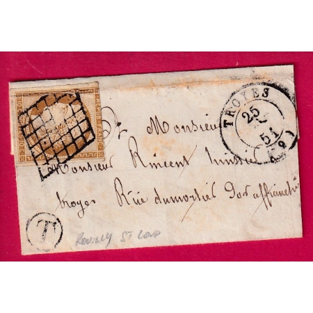 N°1 GRILLE DE TROYES AUBE BOITE RURALE T ROUILLY ST LOUP POUR TROYES 1851 LETTRE
