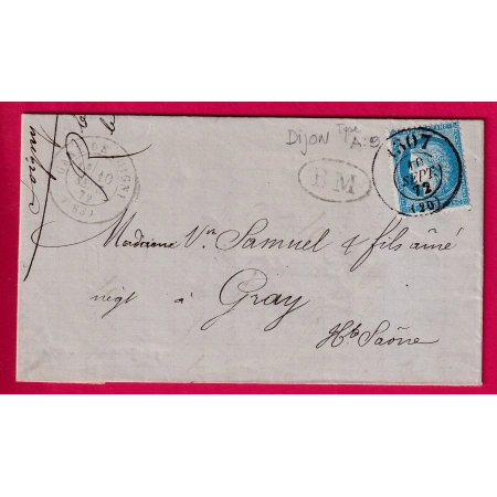 N°60 CAD GARE DE JOIGNY YONNE BM + BUREAU DE PASSE 1307 DIJON SUR TIMBRE COTE D'OR POUR GRAY HAUTE SAONE LETTRE