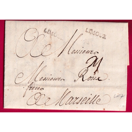 MARQUE LIMOUX AUDE 1742 LENAIN N°7 INDICE 16 POUR MARSEILLE TEXTE CAUDIES 1773 LETTRE COVER