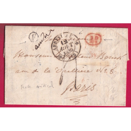 CAD TYPE 12 ABBEVILLE SOMME BOITE RURALE F ?? DECIME RURAL POUR PARIS 1839 CACHET DE FACTEUR LETTRE