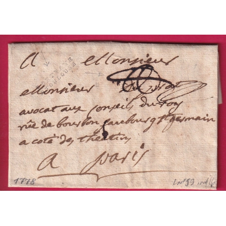 MARQUE PORT PAYE DE TOULOUSE 1788 HAUTE GARONNE LENAIN N°59 INDICE 16 POUR PARIS LETTRE