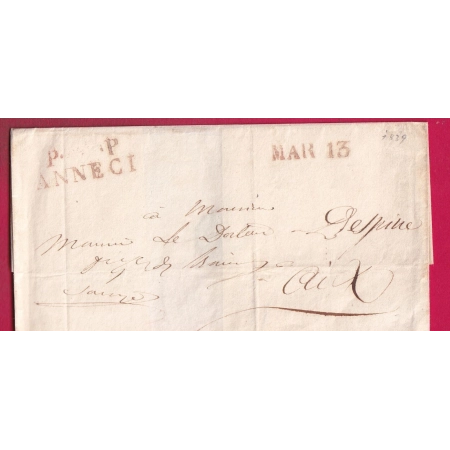 MARQUE SARDE PP ANNECY EN ROUGE HAUTE SAVOIE 1839 POUR AIX LES BAINS LETTRE