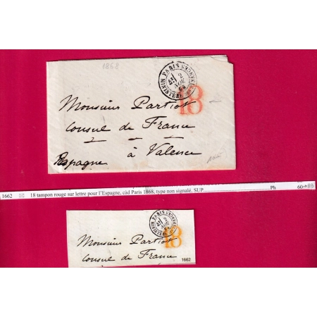 CAD PARIS MINISTERE DES FINANCES TAXE 18 EN ROUGE POUR VALENCE ESPAGNE SIGNE BAUDOT RARE NON SIGNALE VO BAUDOT LETTRE