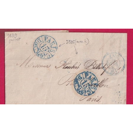 PARIS CACHET TAXE EN BLEU POTHION 2505 FRAPPE 2 FOIS POUR PARIS 1839 LETTRE