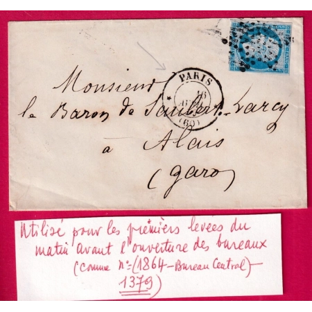N°14 PARIS CAD TYPE 17 SANS LEVEE RARE UTILISATION AVANT LA PREMIERE LEVEE POUR ALES GARD ALAIS 1859 LETTRE