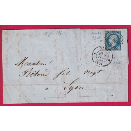 N°14 PARIS CERCLE DE POINTS POTHION 1355 + 3305 POUR LYON RHONE 1860 LETTRE