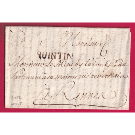 MARQUE MANUSCRIT QUINTIN COTES DU NORD LENAIN N°2 INDICE 13 POUR RENNES ILLE ET VILAINE LETTRE