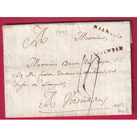 MARQUE MANUSCRIT QUINTIN COTES DU NORD 1783 LENAIN N°3 INDICE 12 POUR VERSAILLES SEINE ET OISE LETTRE