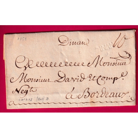 MARQUE MANUSCRIT DINAN + LENAIN N°3 A SEC 1758 COTES DU NORD POUR BORDEAUX LETTRE