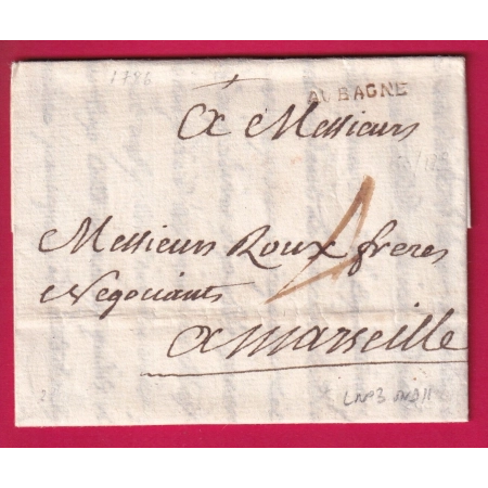 MARQUE AUBAGNE BOUCHES DU RHONE LENAIN N°3 INDICE 11 POUR MARSEILLE 1786 LETTRE