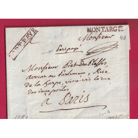 MARQUE PORT PAYE MONTARGIS EN ROUGE 1781 LENAIN N°3 INDICE 25 POUR PARIS MENTION GOURGENON 19 JUILLET 1871 LETTRE
