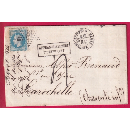 N°29 PARIS ETOILE 28 R CARDINAL LEMOINE TAXE TAMPON 4 AFFRANCH INSUFF POUR LA ROCHELLE CHARENTE INFERIEURE LETTRE