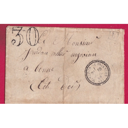 CAD TYPE 23 MONETIER DE BRIANCON HAUTES ALPES TAXE TAMPON 30 BOITE URBAINE L 1869 POUR BEAUNE COTE D'OR LETTRE
