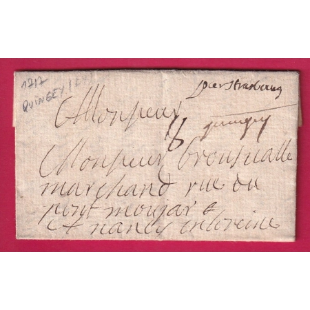MARQUE MANSUSCRIT QUINCEY DOUBS 1717 POUR PONT A MOUSSON MEURTHE ET MOSELLE MENTION PAR STRASBOURG BAS RHIN LETTRE
