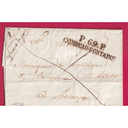 MARQUE P69P COMBEAU FONTAINE HAUTE SAONE 1826 INDICE 20 POUR BESANCON DOUBS DATEUR A EN ROUGE AU DOS  LETTRE