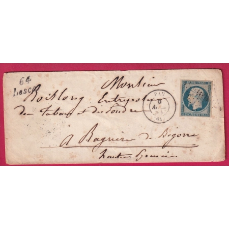 N°10 CURSIVE 64 LESCARD BASSES PYRENEES CAD TYPE 15 PAU POUR BAGNERES DE BIGORRE 1853 LETTRE