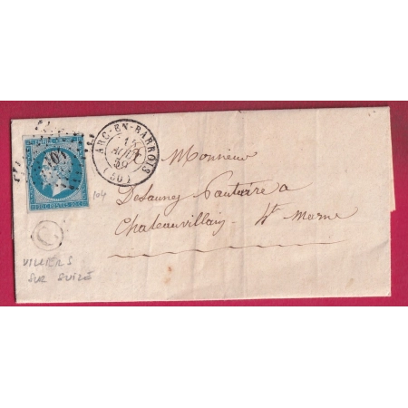 N°14 PC 104 ARC EN BARROIS HAUTE MARNE BOITE RURALE C VILLERS SUR SUIZE POUR CHATEAUVILLAIN LETTRE