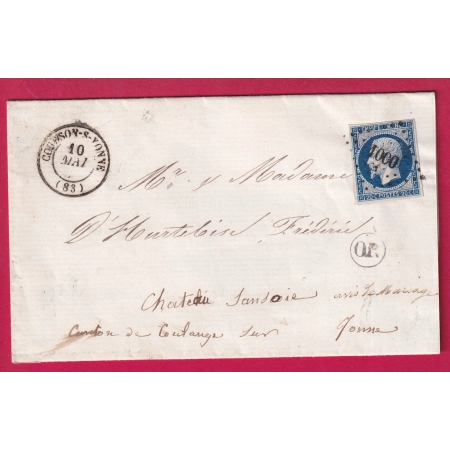 N°14 PC 1000 COURSON SUR YONNE + OR SUR FAIRE PART DE MARIAGES AU DOS TYPE 15 COULANGE SANS DATEUR INTERIEUR LETTRE