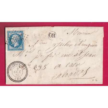 N°22 GC 2505 MONTPINSON CALVADOS CAD TYPE 22 POUR CAEN 1863 INDICE 14 OR ? LETTRE