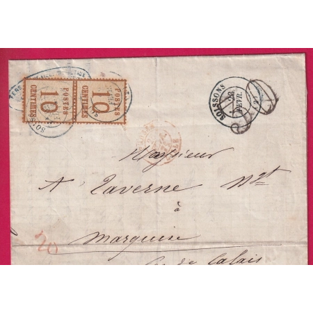 ALSACE LORRAINE N°5 PAIRE CAD BLEU TYPE 17 SOISSONS AISNE TAXE TAMPON 30 POUR MARQUISE PAS DE CALAIS LETTRE