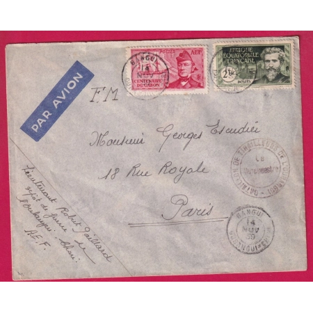 LETTRE FM SURTAXE AVION BANGUI OUBANGUI CHARI 1939 BATAILLON DE TIRAILLEURS DE L'OUBANGUI POUR PARIS LETTRE