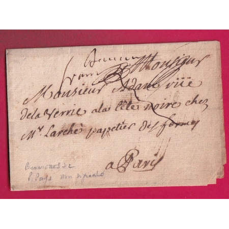 MARQUE MANUSCRIT BONNIERES + FRANC PORT PAYE POUR PARIS NON SIGNALE PAR LENAIN LETTRE COVER