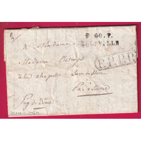 MARQUE P60P BELLEVILLE SEINE 1826 POUR ISSOIRE PUY DE DOME INDICE 14 LETTRE COVER