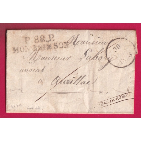 MARQUE P88P MONTBRISON LOIRE 1828 POUR AURILLAC CANTAL INDICE12 LETTRE COVER