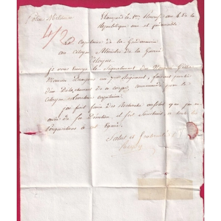 MARQUE 72 ETAMPES EN FRANC TEXTE LE CAPITAINE DE GENDARMERIE AN4 1796 POLICE MILITAIRE DESERTEUR POUR PARIS LETTRE COVER