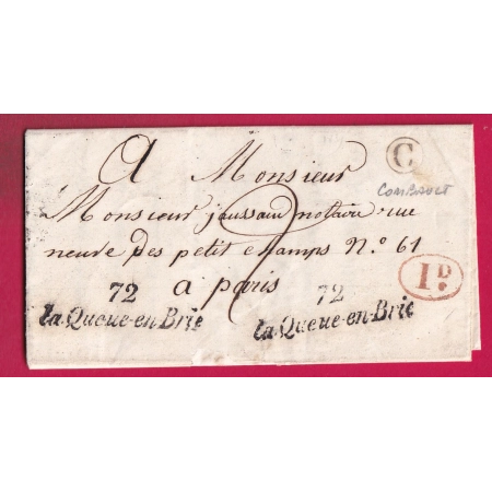 CURSIVE 72 LA QUEUE EN BRIE SEINE ET OISE BOITE RURALE C COMBAULT DECIME RURAL POUR PARIS 1839 LETTRE