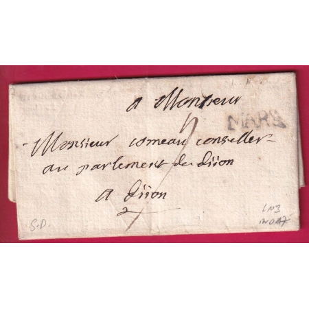 MARQUE MARS. MARSEILLE BOUCHES DU RHONE LENAIN N°3 INDICE 17 POUR DIJON POUR PARIS LETTRE