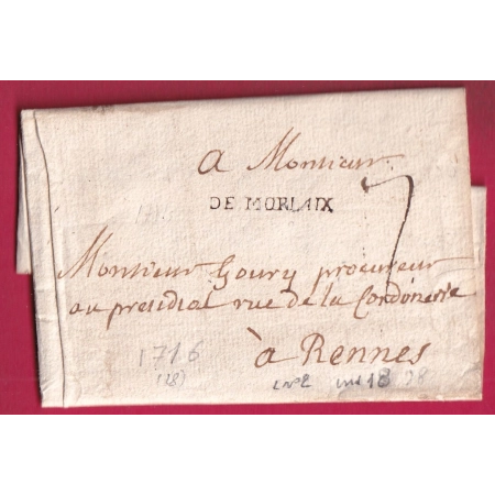 MARQUE DE MORLAIX FINISTERE 1716 LENAIN N°2 INDICE 18 POUR RENNES ILLE ET VILAINE LETTRE