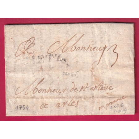 MARQUE METZ MOSELLE 28mm 1754 LENAIN N°6 INDICE 19 POUR ARLES BOUCHES DU RHONE LETTRE