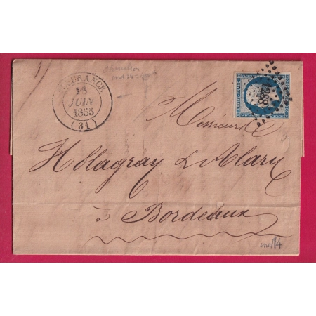 N°14 PC 1288 CAD TYPE 14 FLEURANCE GERS 1855 POUR BORDEAUX INDICE 14 LETTRE