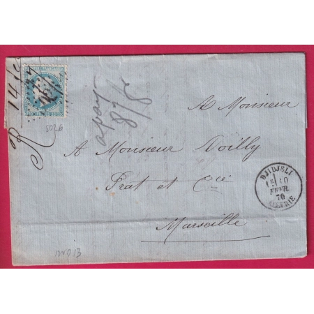 N°29 GC 5026 DJIDJELLI ALGERIE 1870 CAD TYPE 16 POUR MARSEILLE INDICE 13  LETTRE