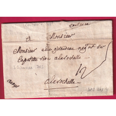 MARQUE MANUSCRIT COUTANCES MANCHE LENAIN N°2 1745 POUR LA ROCHELLE INDICE 14 LETTRE