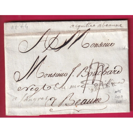 MARQUE AQUITTEE A BEAUNE COTE D'OR 1774 DEPARY NOGENT LE ROTROU EURE ET LOIR REEXP LANGRES HAUTE MARNE LETTRE