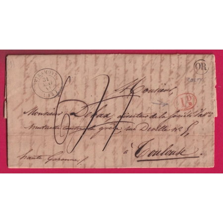 CAD TYPE 15 MIRAMONT LOT ET GARONNE OR COSTY DECIME RURAL ROUGE POUR TOULOUSE 1844 LETTRE