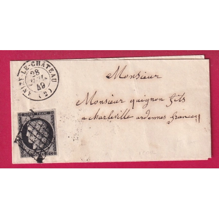 N°3 GRILLE ANIZY LE CHATEAU IASNE 28 JUIL 1849 POUR CHARLEVILLE ARDENNES LETTRE