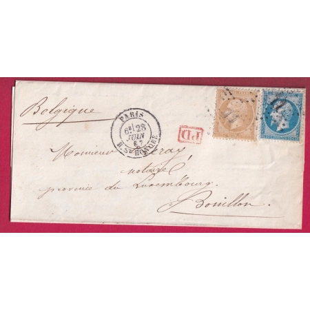 N°21 22 PARIS ETOILE 11 R ST HONORE POUR BOUILLON BELGIQUE PROVINCE DU LUXEMBOURG 1867 LETTRE