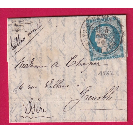 BALLON MONTE CAD R CARDINAL LEMOINE 4 DEC 1870 MIGNONETTE POUR GRENOBLE ISERE ARRIVE 8 DEC LE FRANKLIN  LETTRE