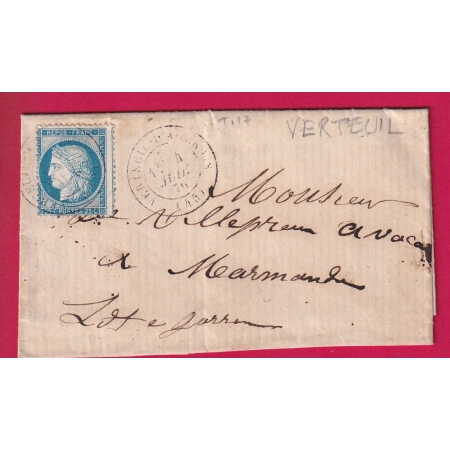 N°60 CAD TYPE 17 VERTEUIL D'AGENAIS LOT ET GARONNE POUR MARMANDE 4 JUILLET 1876  LETTRE